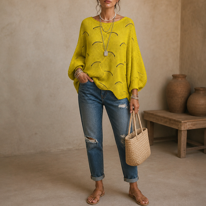 Pointelle Wave Batwing Sweater