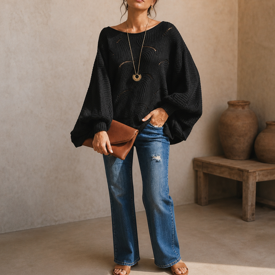 Pointelle Wave Batwing Sweater