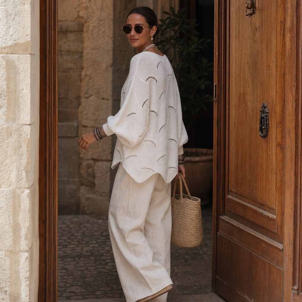 Pointelle Wave Batwing Sweater