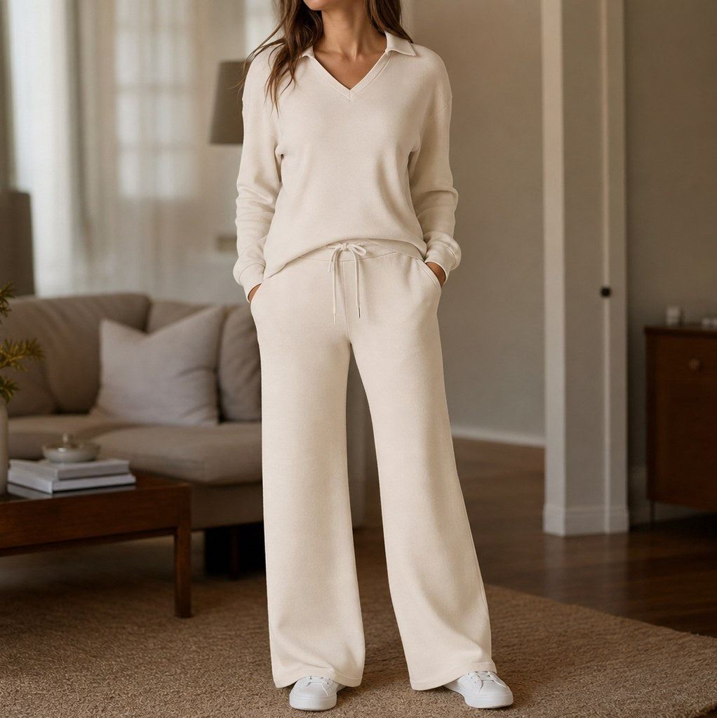 Polo Collar Wide Leg Knit Set