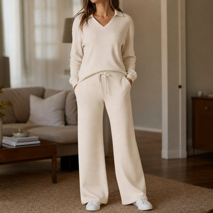 Polo Collar Wide Leg Knit Set