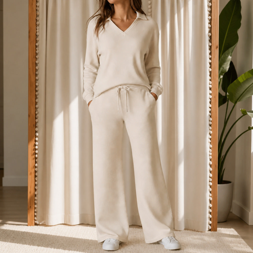Polo Collar Wide Leg Knit Set