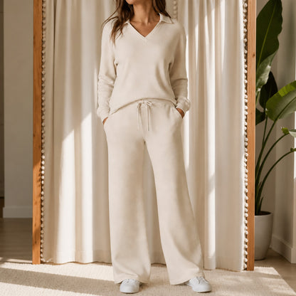 Polo Collar Wide Leg Knit Set