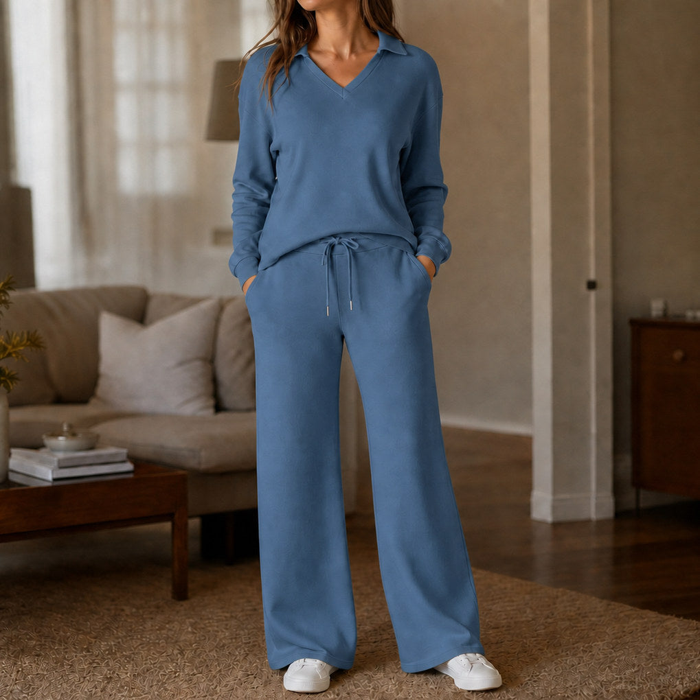 Polo Collar Wide Leg Knit Set