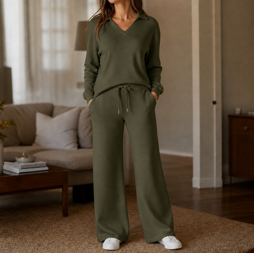 Polo Collar Wide Leg Knit Set