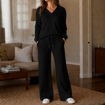 Polo Collar Wide Leg Knit Set