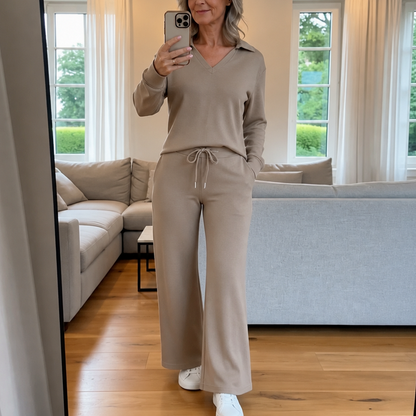 Polo Collar Wide Leg Knit Set