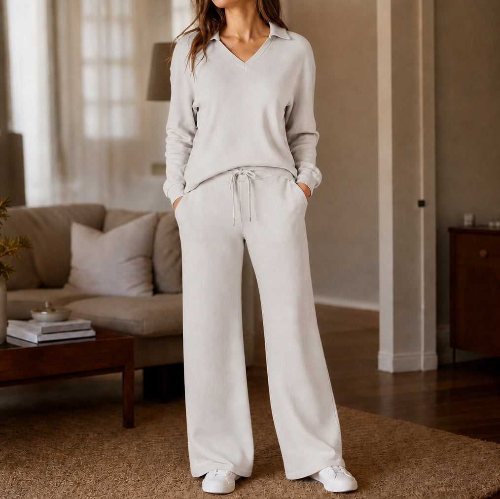 Polo Collar Wide Leg Knit Set