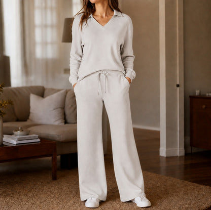Polo Collar Wide Leg Knit Set