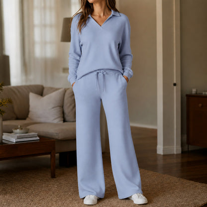 Polo Collar Wide Leg Knit Set