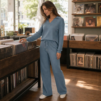 Polo Collar Wide Leg Knit Set