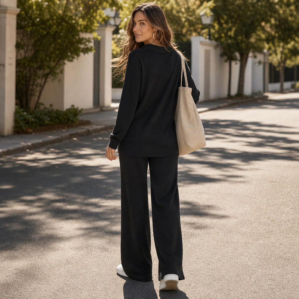 Polo Collar Wide Leg Knit Set