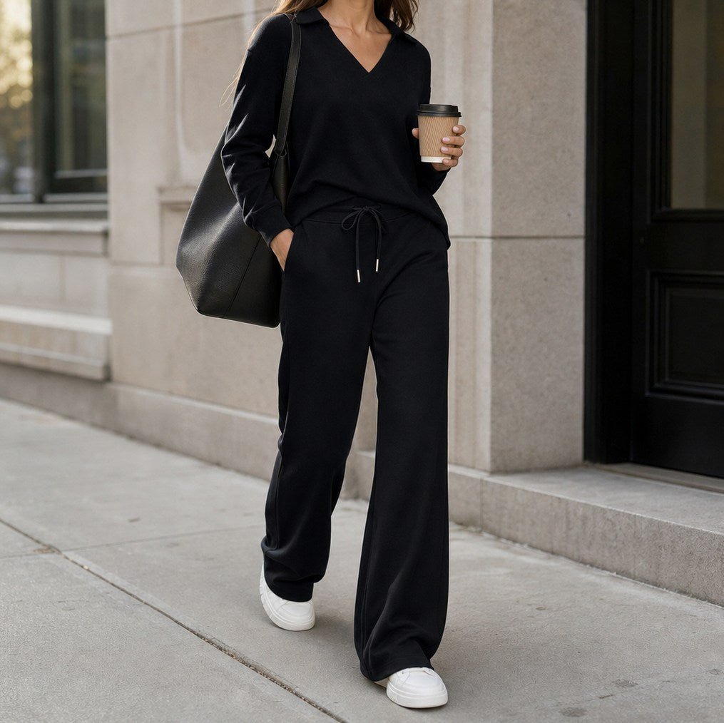 Polo Collar Wide Leg Knit Set