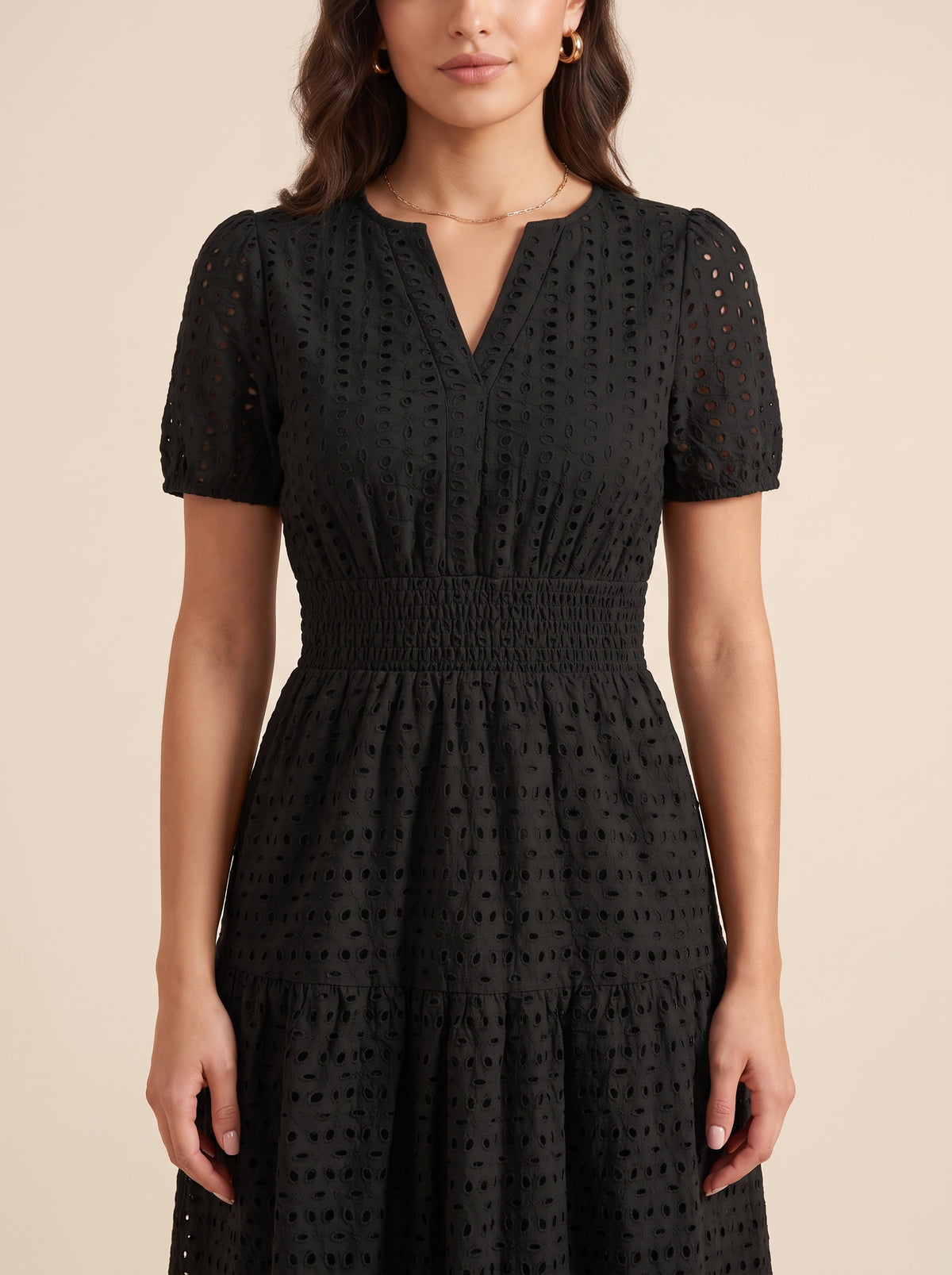 KATE GRANA June Eyelet Smocked Midi Dress in Black, detail view