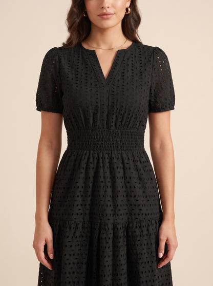 KATE GRANA June Eyelet Smocked Midi Dress in Black, detail view