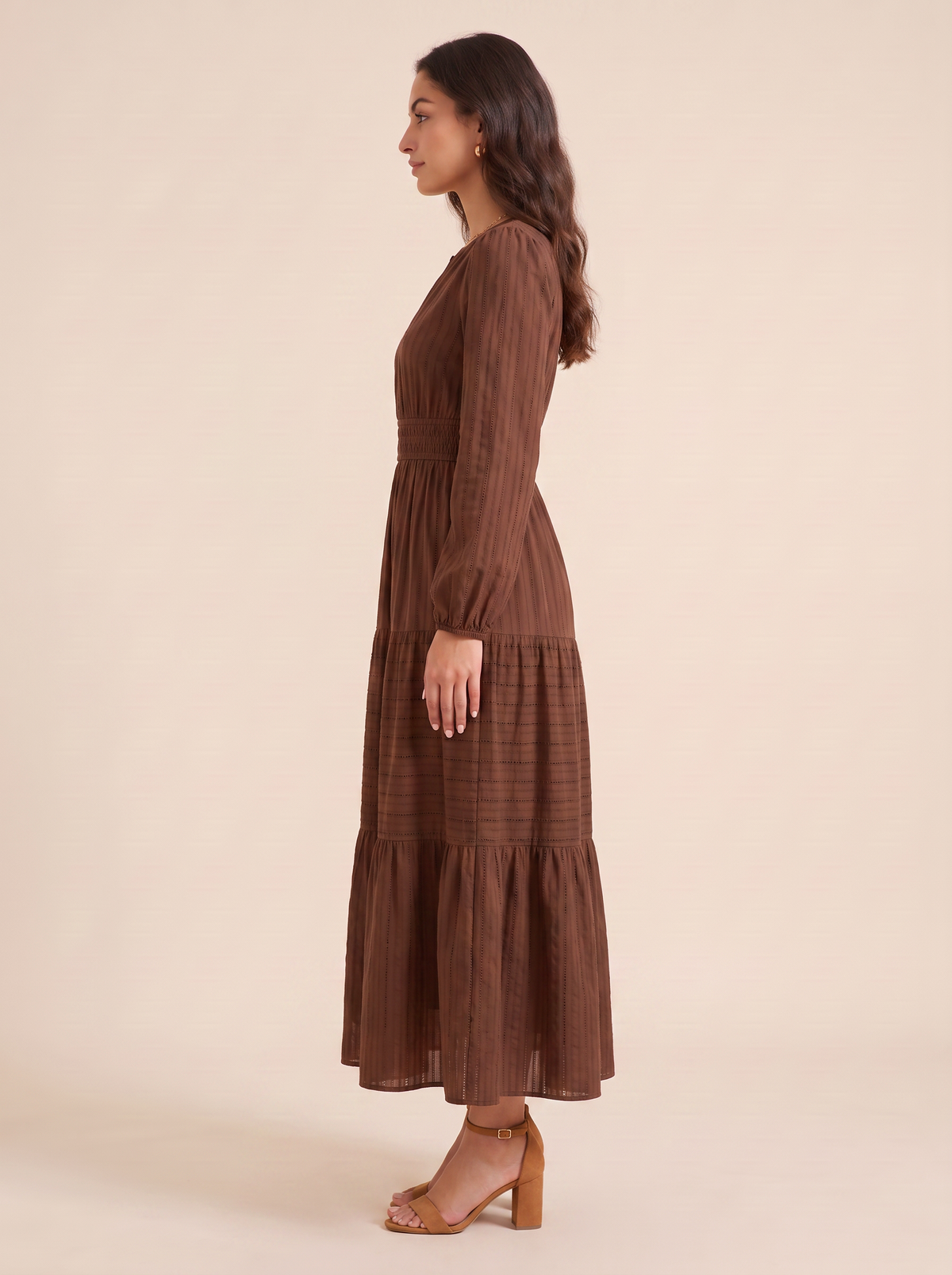 KATE GRANA Willa Eyelet Puff Sleeve Midi Dress in Chocolate, side view