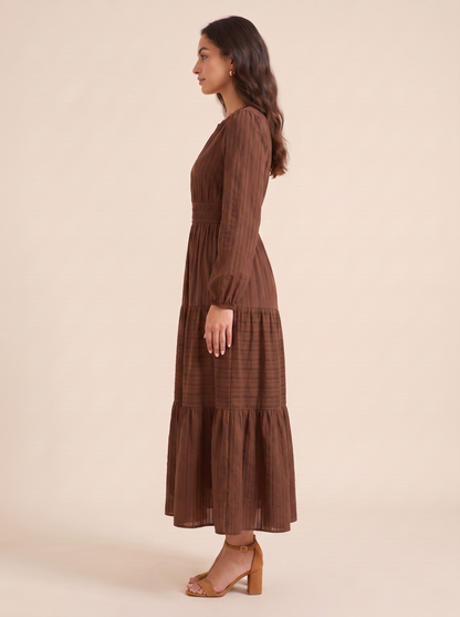 KATE GRANA Willa Eyelet Puff Sleeve Midi Dress in Chocolate, side view