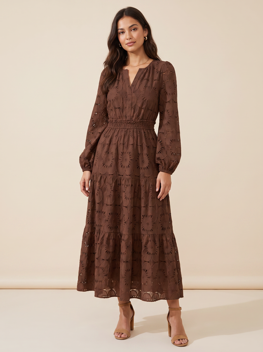 KATE GRANA Flora Eyelet Lace Maxi Dress in Chocolate, front view