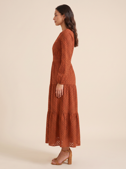 KATE GRANA Sienna Eyelet Tiered Maxi Dress in Rust, side view