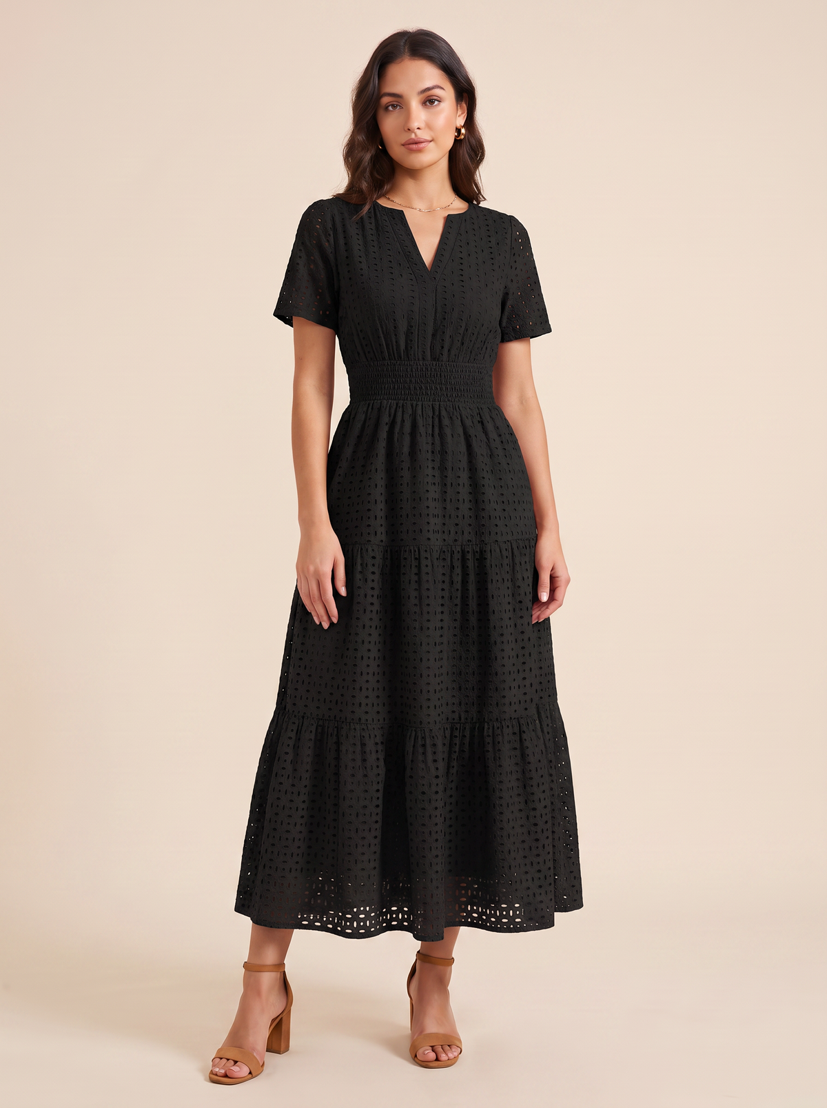 KATE GRANA June Eyelet Smocked Midi Dress in Black, front view