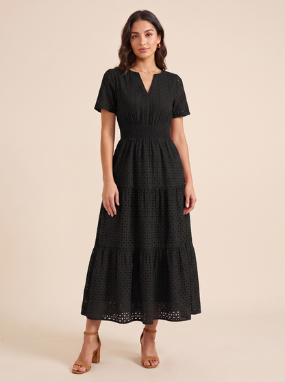 KATE GRANA June Eyelet Smocked Midi Dress in Black, front view