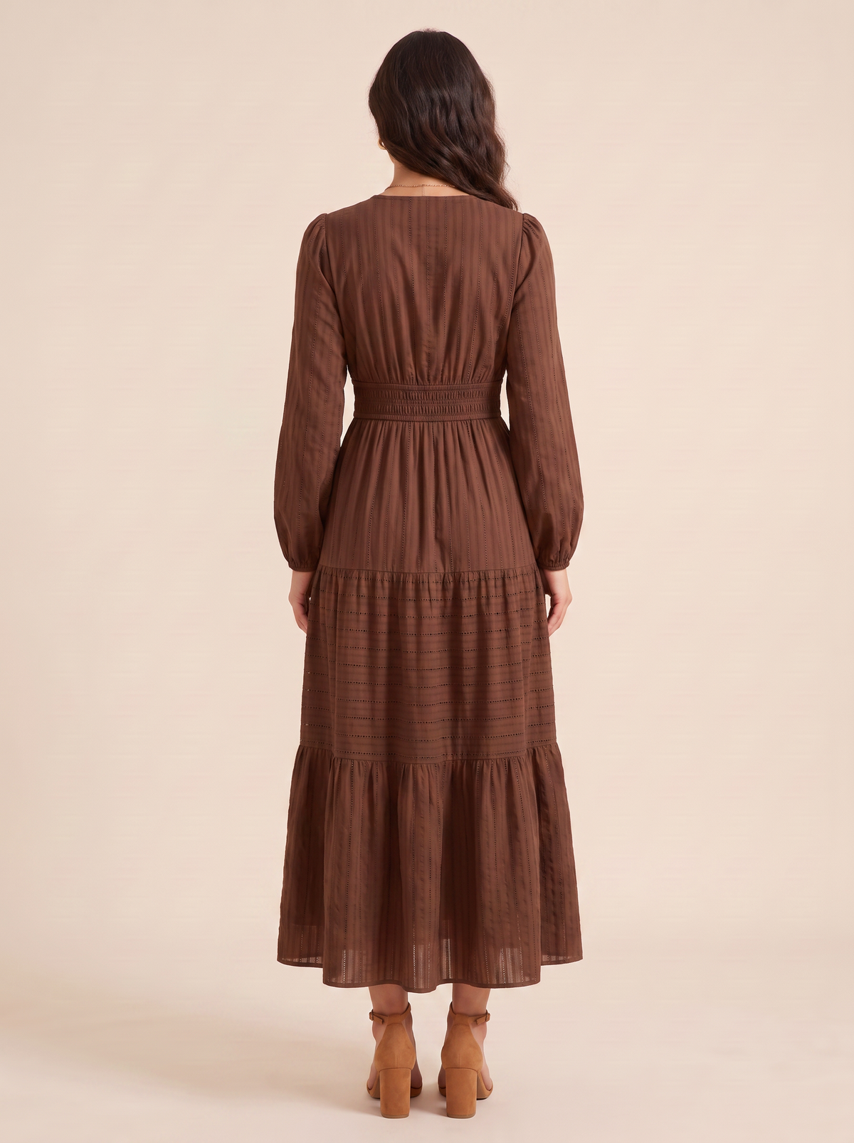 KATE GRANA Willa Eyelet Puff Sleeve Midi Dress in Chocolate, back view