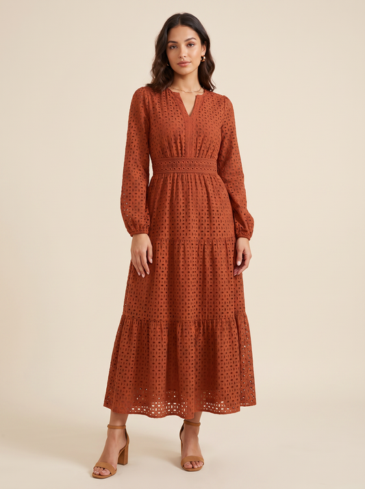 KATE GRANA Sienna Eyelet Tiered Maxi Dress in Rust, front view