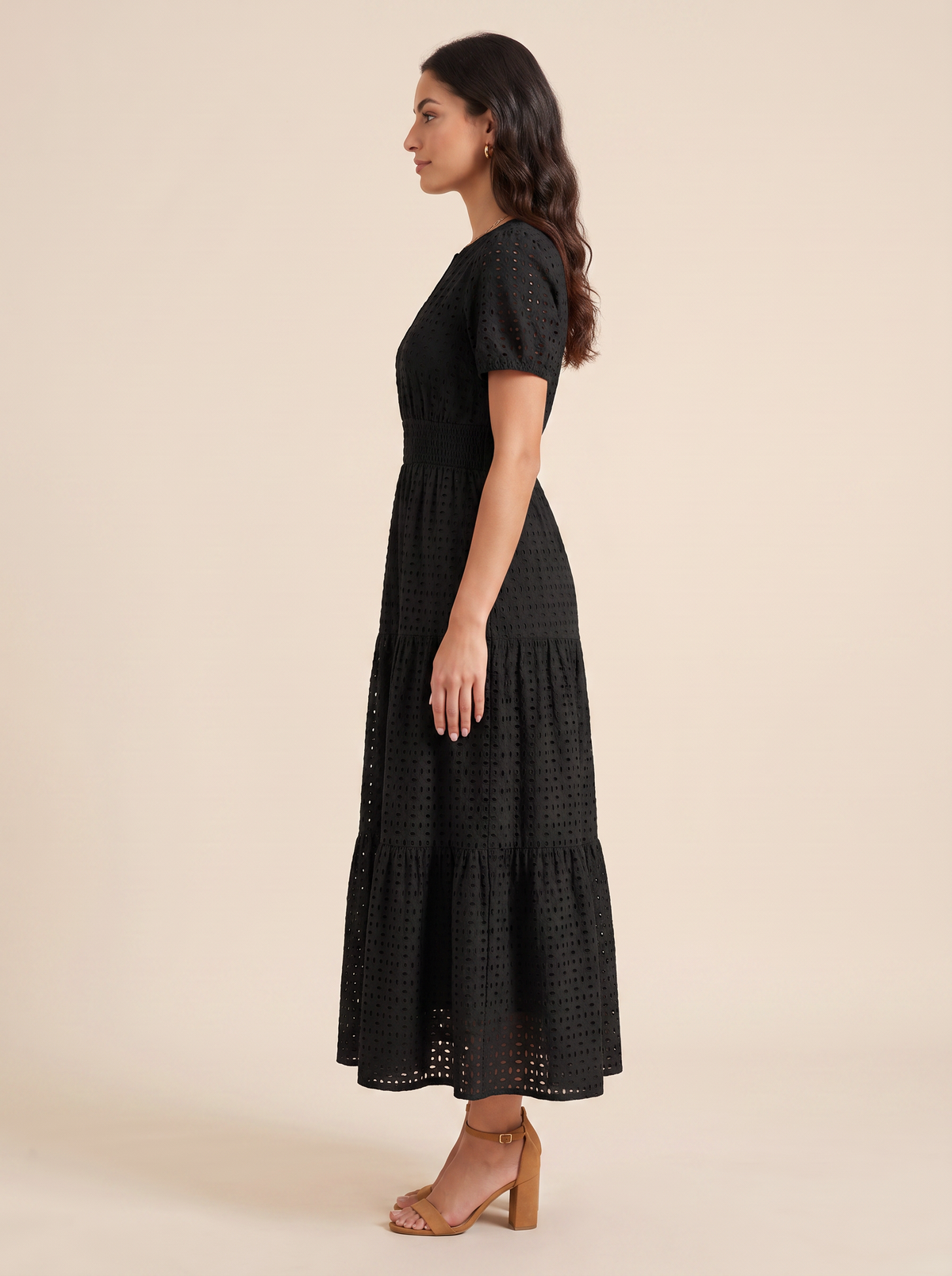 KATE GRANA June Eyelet Smocked Midi Dress in Black, side view