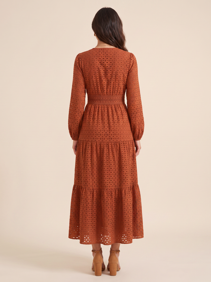 KATE GRANA Sienna Eyelet Tiered Maxi Dress in Rust, back view