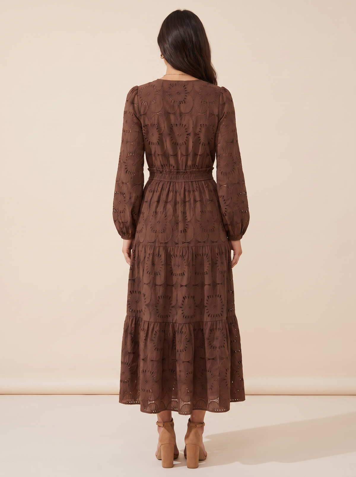 KATE GRANA Flora Eyelet Lace Maxi Dress in Chocolate, back view