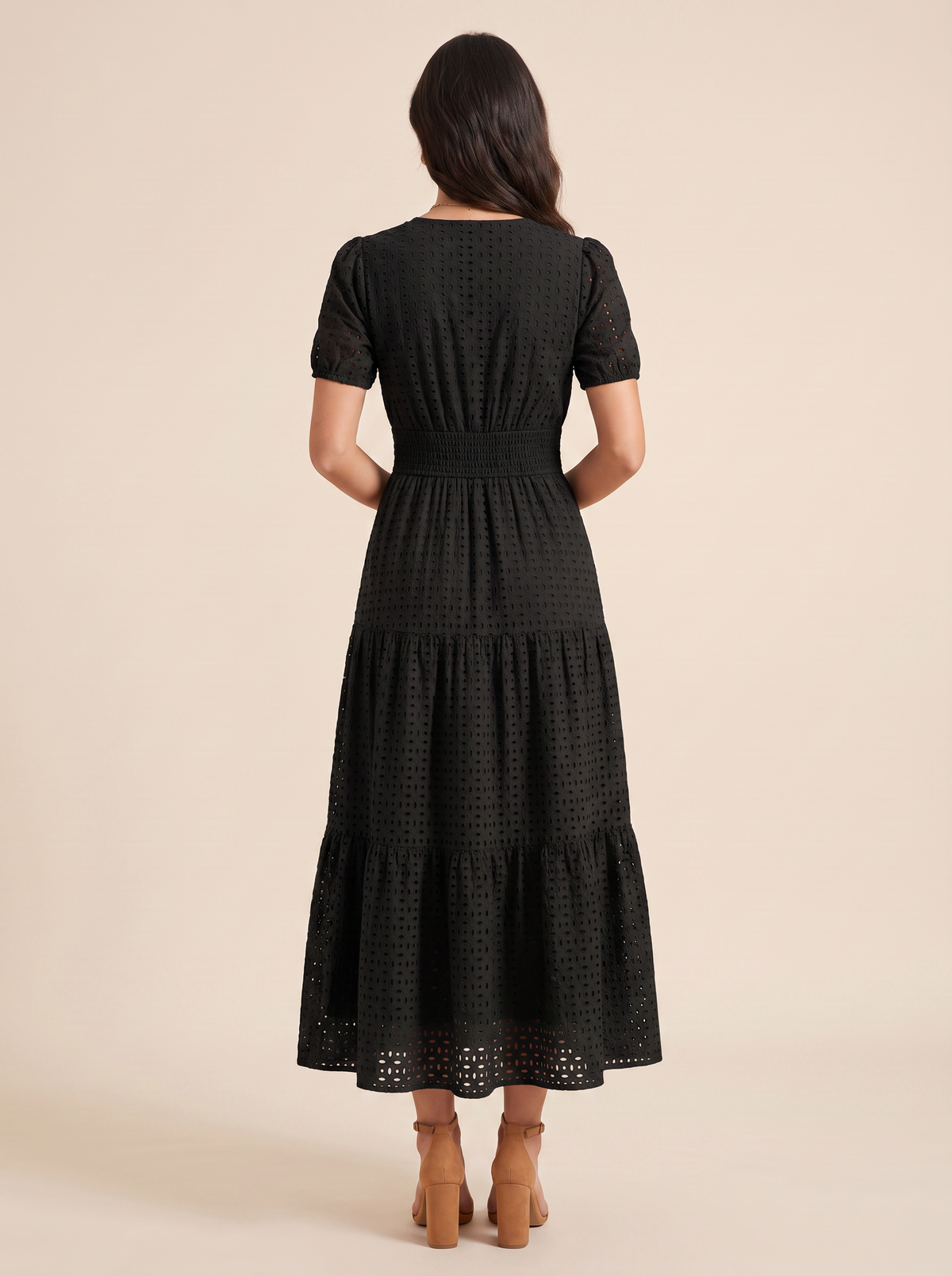 KATE GRANA June Eyelet Smocked Midi Dress in Black, back view