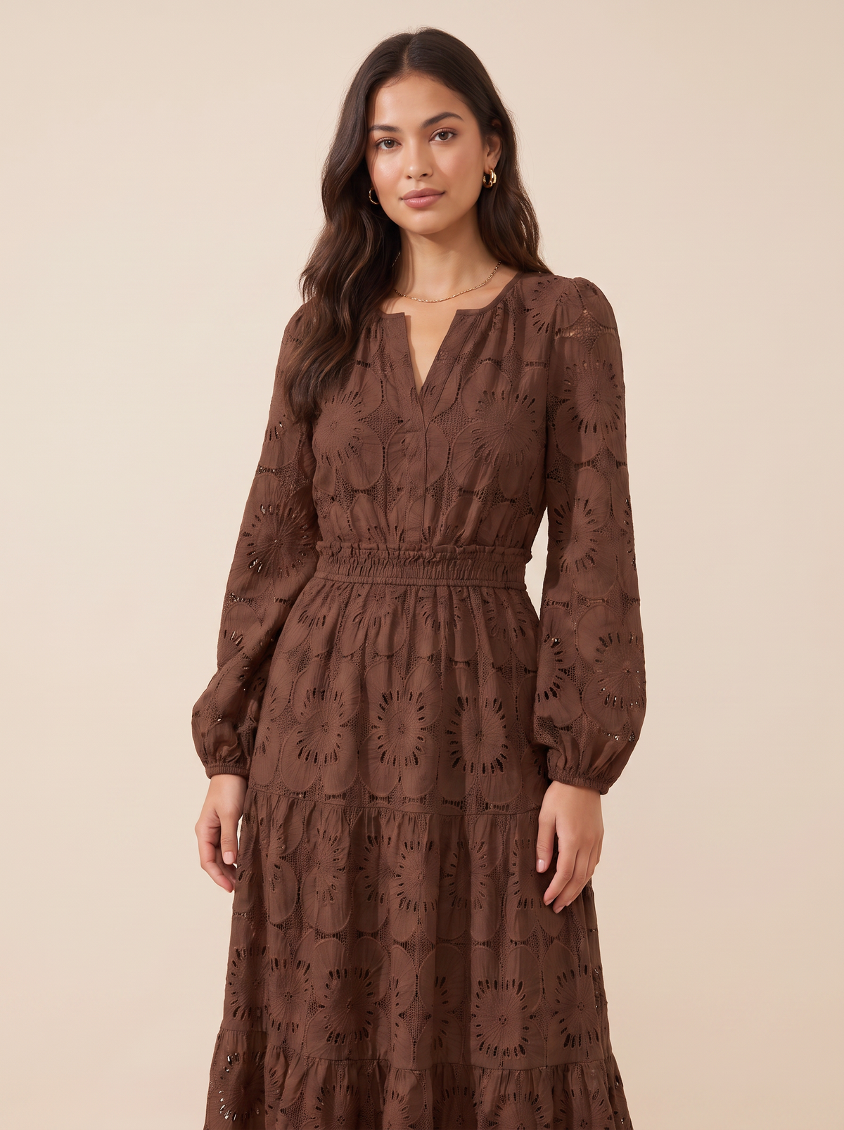 KATE GRANA Flora Eyelet Lace Maxi Dress in Chocolate, detail view