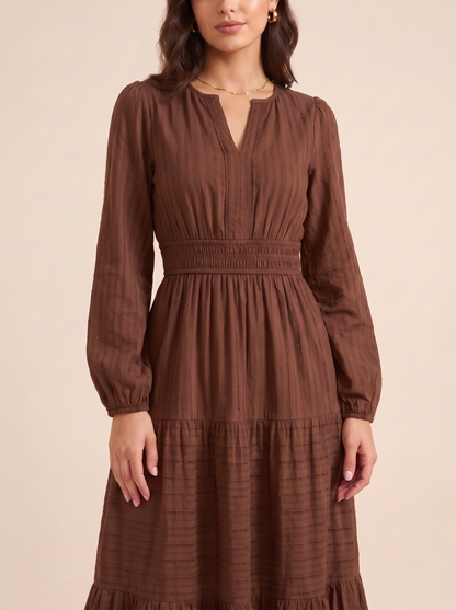 KATE GRANA Willa Eyelet Puff Sleeve Midi Dress in Chocolate, detail view