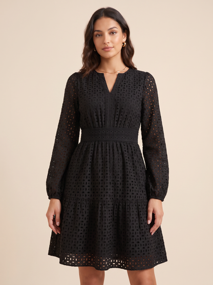 KATE GRANA Romy Eyelet Swing Mini Dress in Black, detail view