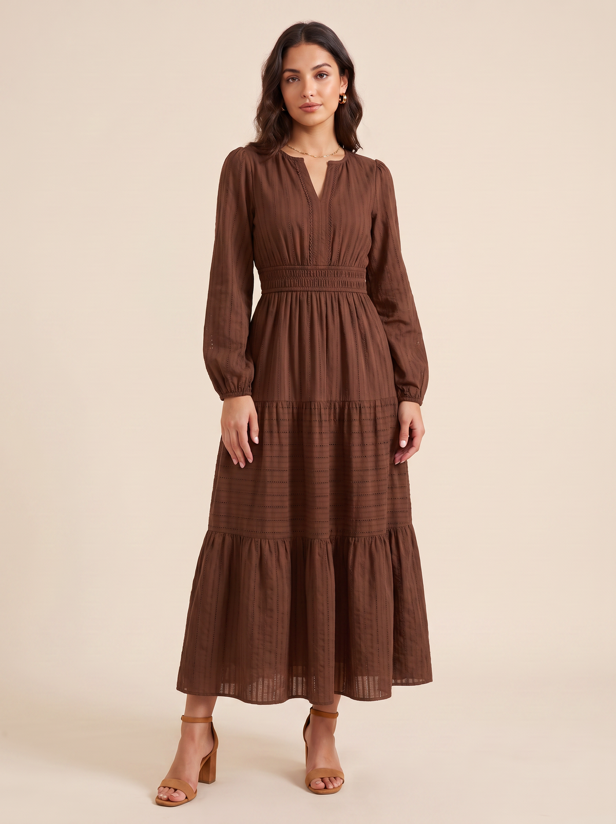 KATE GRANA Willa Eyelet Puff Sleeve Midi Dress in Chocolate, front view