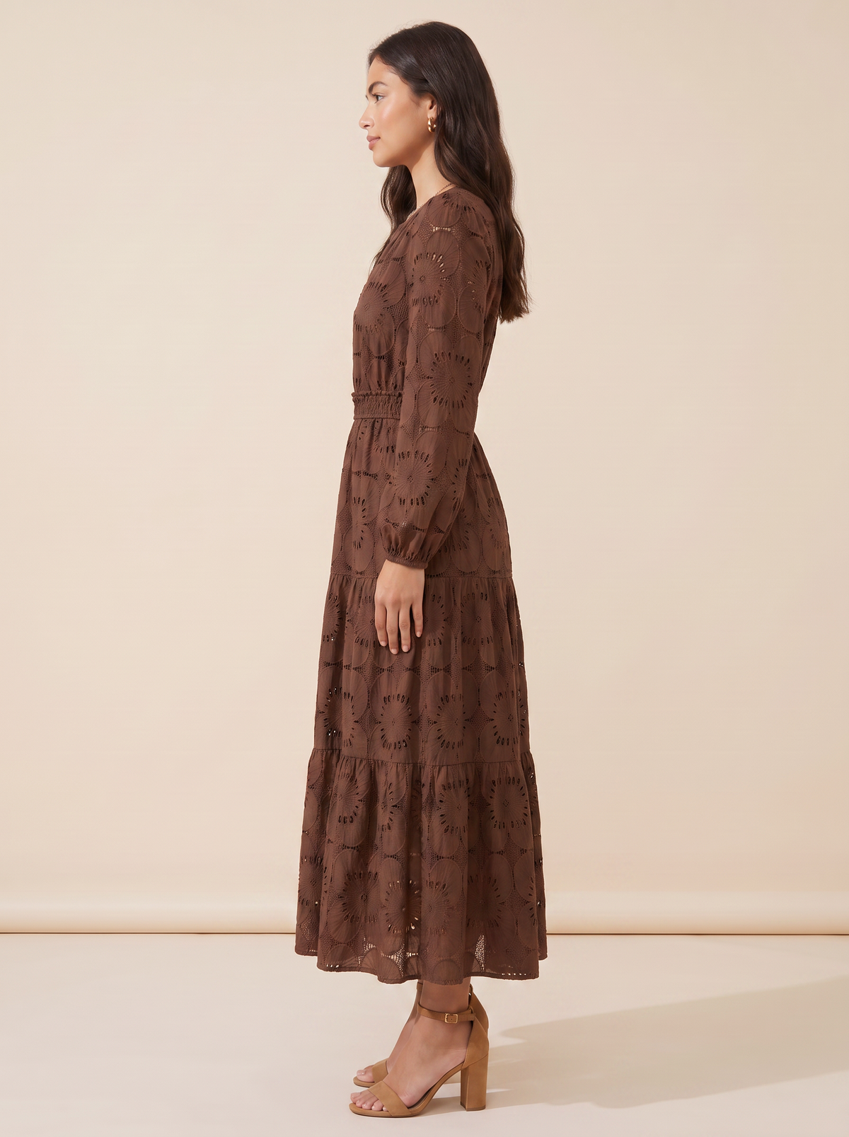 KATE GRANA Flora Eyelet Lace Maxi Dress in Chocolate, side view