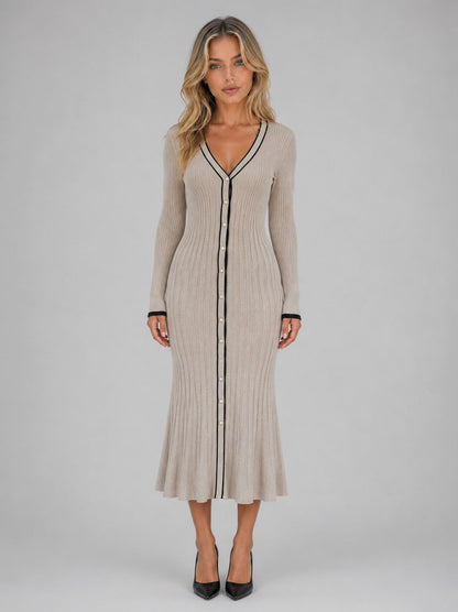 Long Sleeve Ribbed Contrast Trim Midi Dress