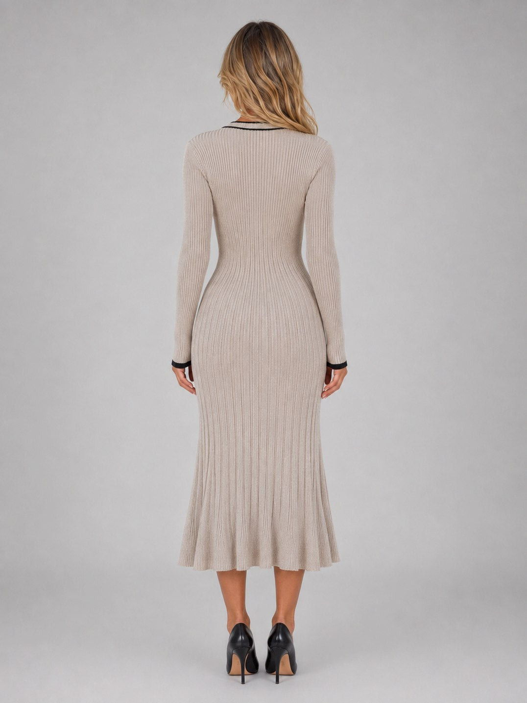 Long Sleeve Ribbed Contrast Trim Midi Dress