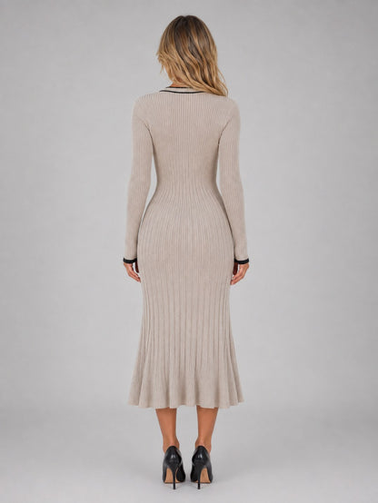 Long Sleeve Ribbed Contrast Trim Midi Dress