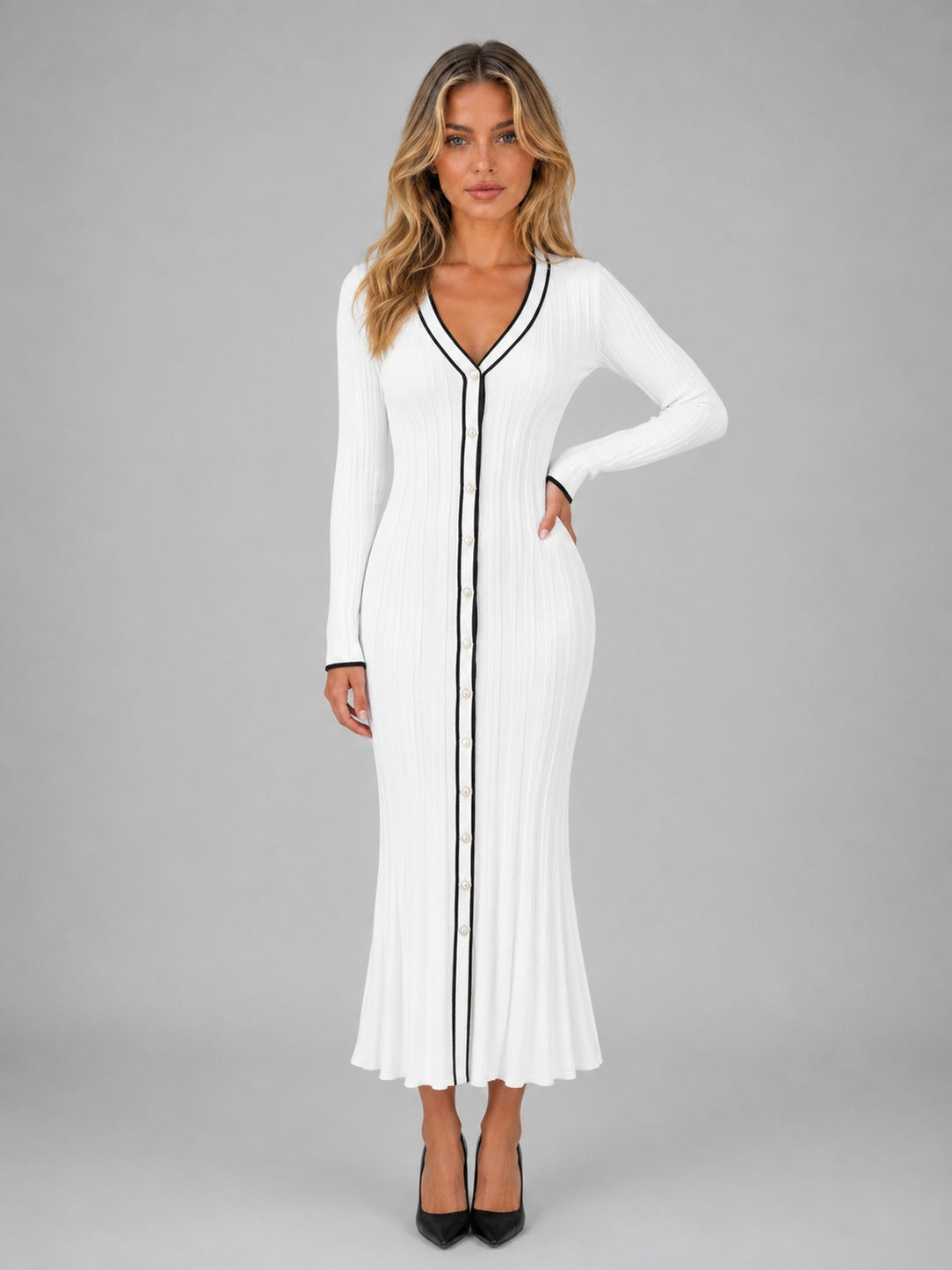 Long Sleeve Ribbed Contrast Trim Midi Dress