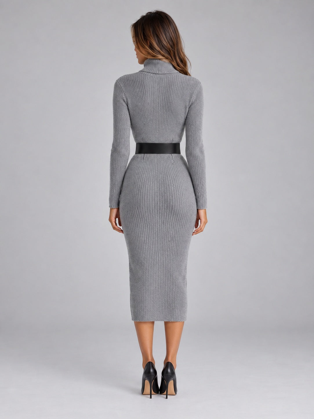 Ribbed Knit Long Sleeve Turtleneck Midi Dress