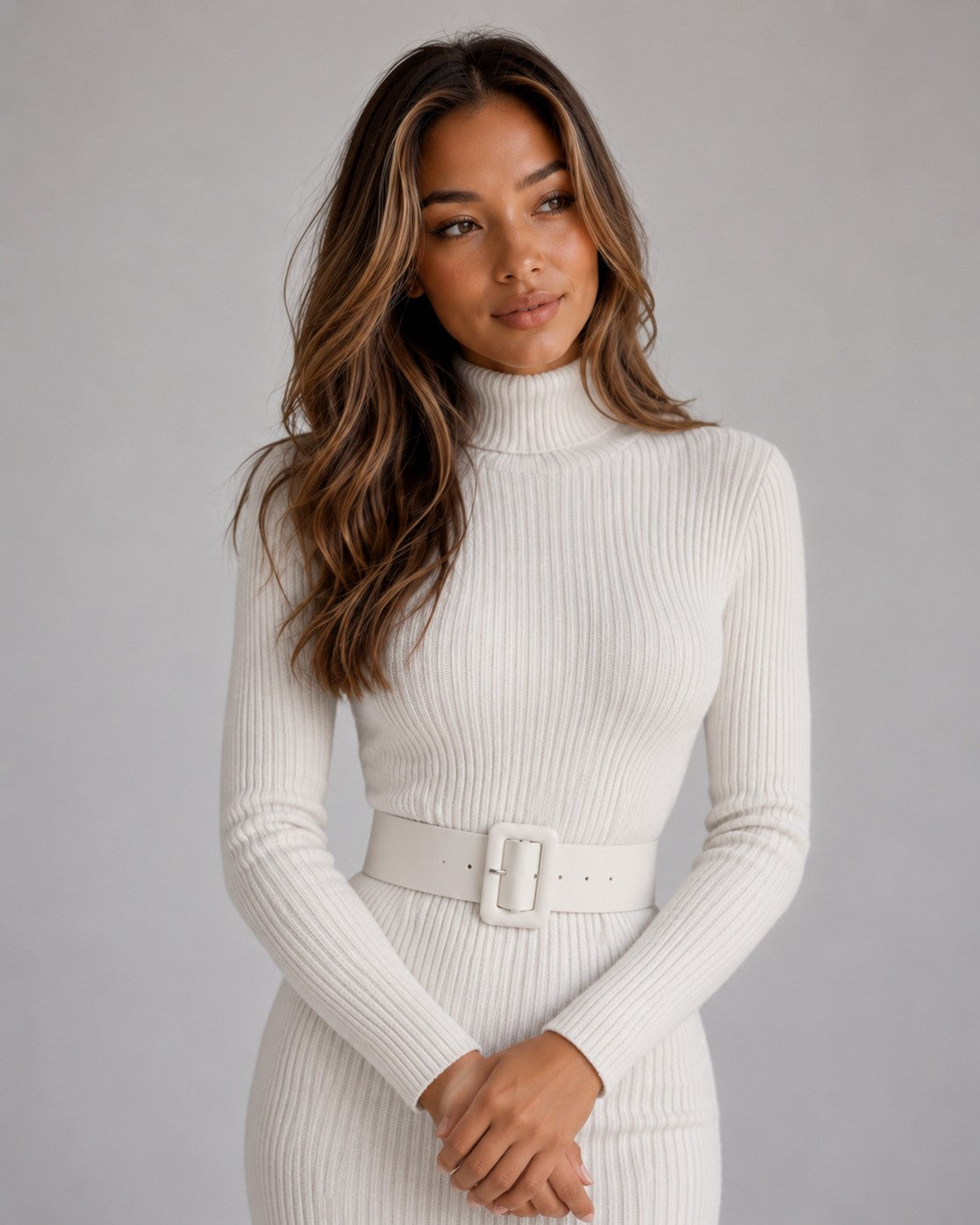 Ribbed Knit Long Sleeve Turtleneck Midi Dress