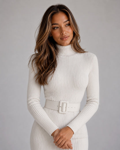 Ribbed Knit Long Sleeve Turtleneck Midi Dress