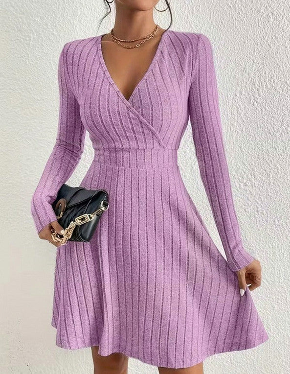 Ribbed Knit Long Sleeve Wrap Sweater Dress