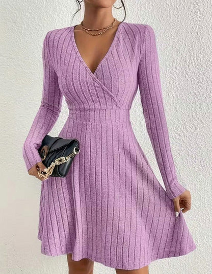Ribbed Knit Long Sleeve Wrap Sweater Dress