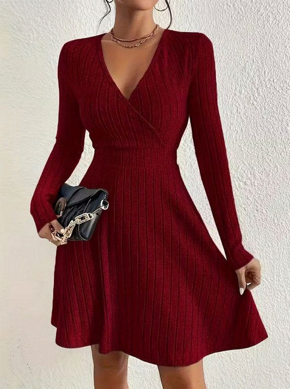 Ribbed Knit Long Sleeve Wrap Sweater Dress