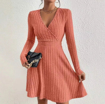 Ribbed Knit Long Sleeve Wrap Sweater Dress