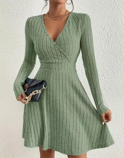 Ribbed Knit Long Sleeve Wrap Sweater Dress