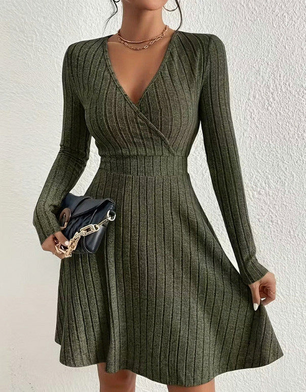 Ribbed Knit Long Sleeve Wrap Sweater Dress