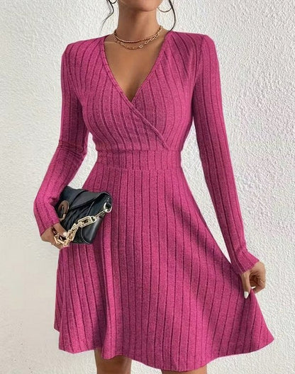 Ribbed Knit Long Sleeve Wrap Sweater Dress